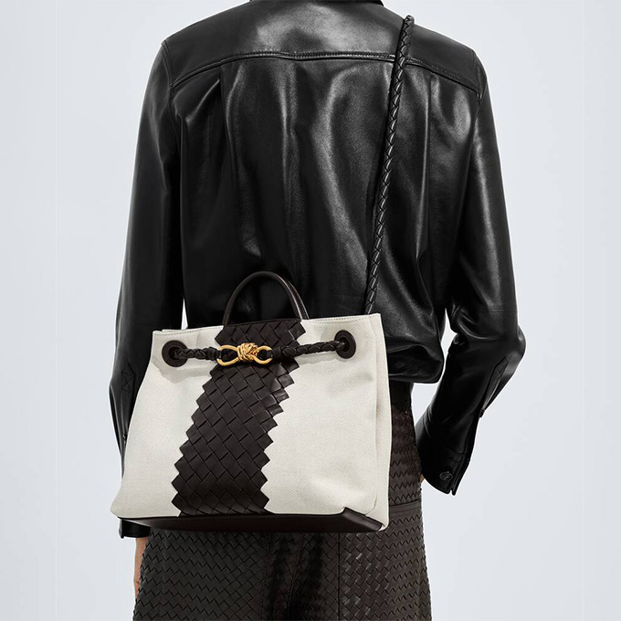 bottega veneta andiamo canvas leather mix tote bag #876002